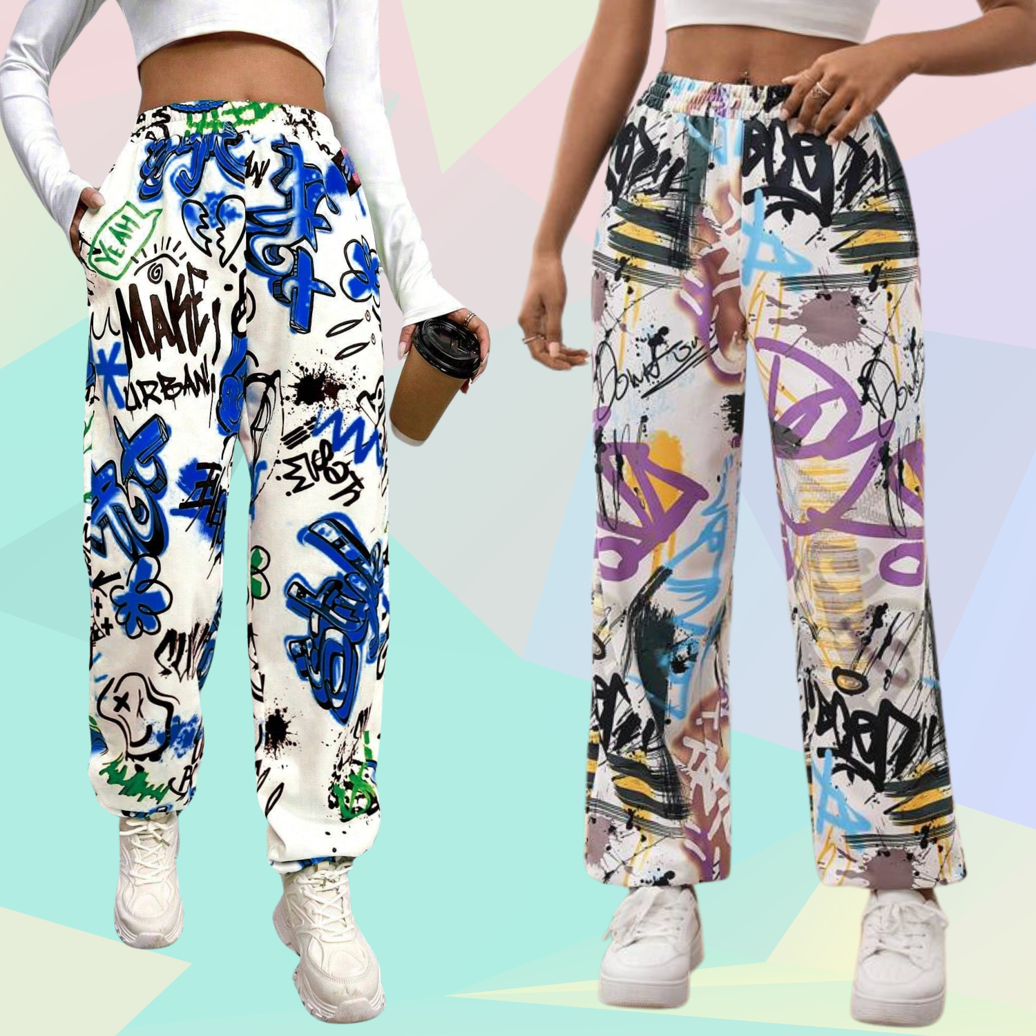 Pants Geometry Print Wide Leg Trousers Women's Elastic Boho
