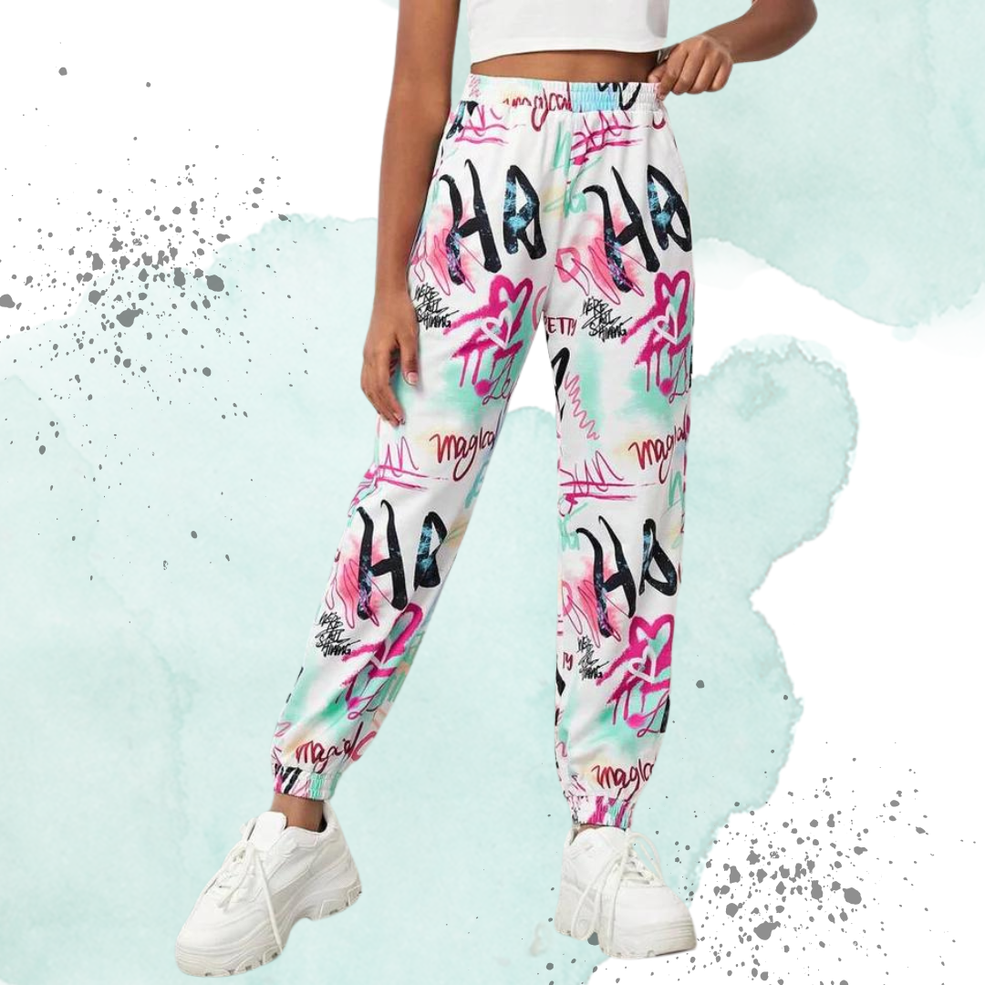 Ritsila Printed High Waisted Windbreaker Jogger Pants WHITE BLACK (Copy)