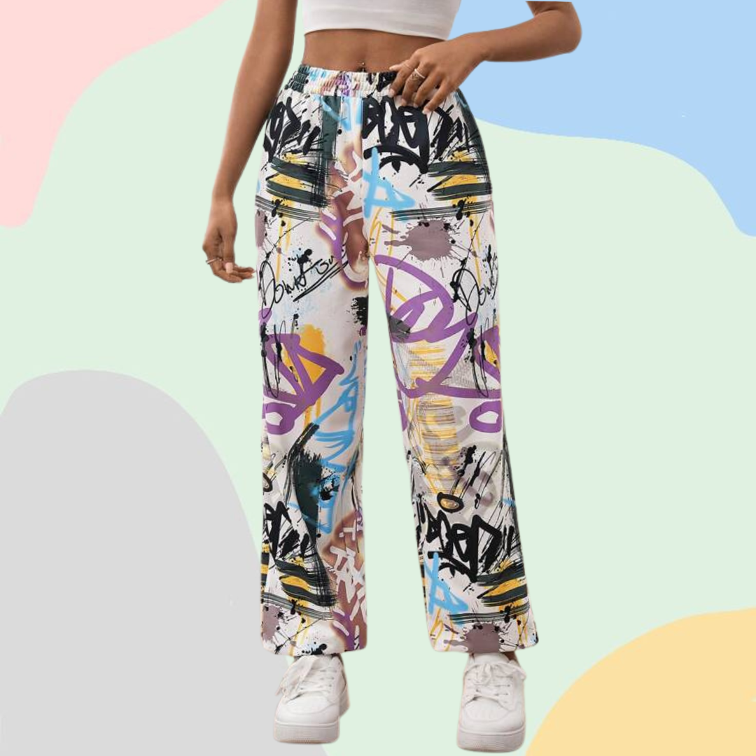 Ritsila Printed High Waisted Windbreaker Jogger Pants WHITE BLACK