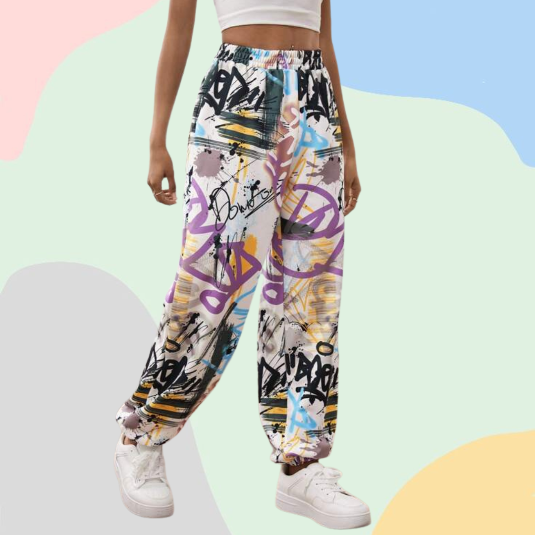 Ritsila Printed High Waisted Windbreaker Jogger Pants WHITE BLACK