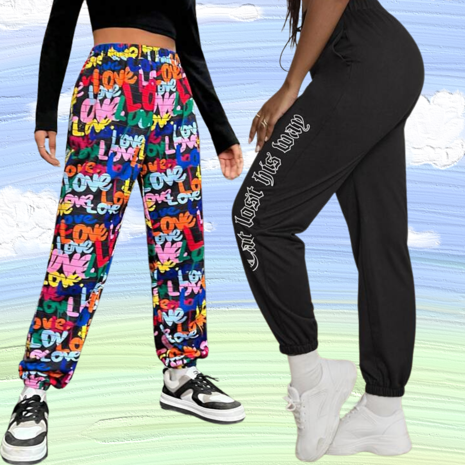 Ritsila Brush Print With Plain Elastic Waist Sweatpants (Pack of-2)