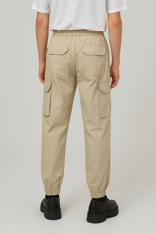 Men’s Cream Premium Cargo Jogger Pants | Slim Fit Elastic Waist Trousers | Stylish Casual & Street Wear Bottoms