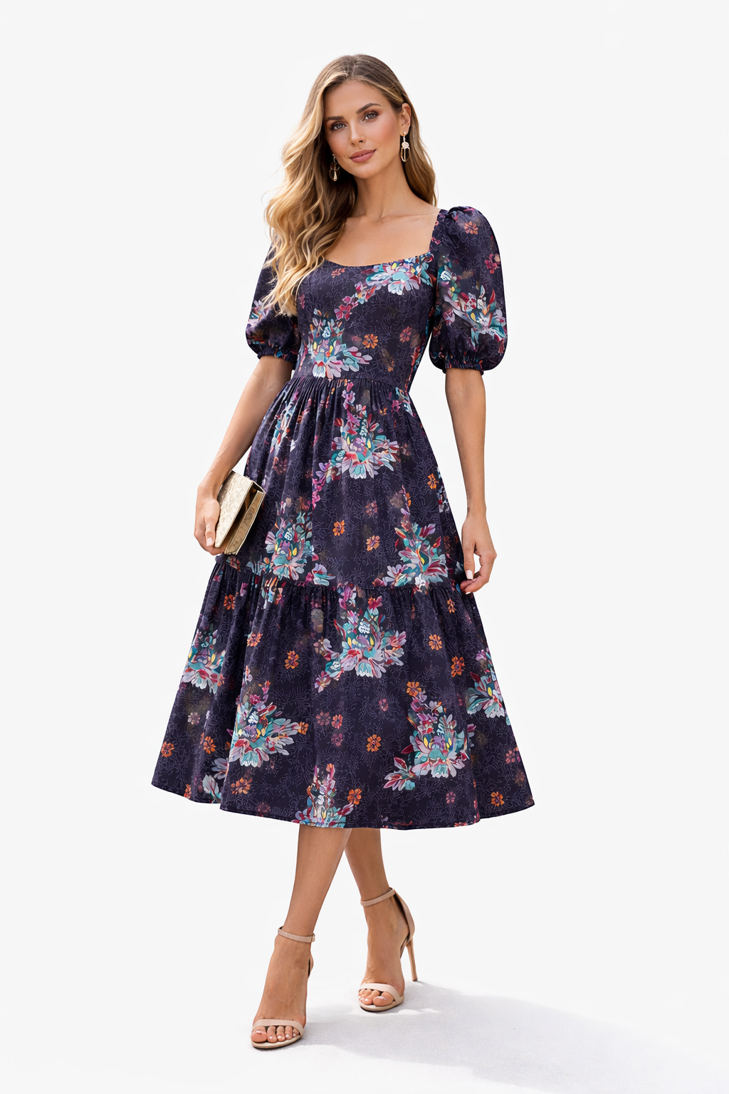 Midnight Bloom Puff Sleeve Midi Dress