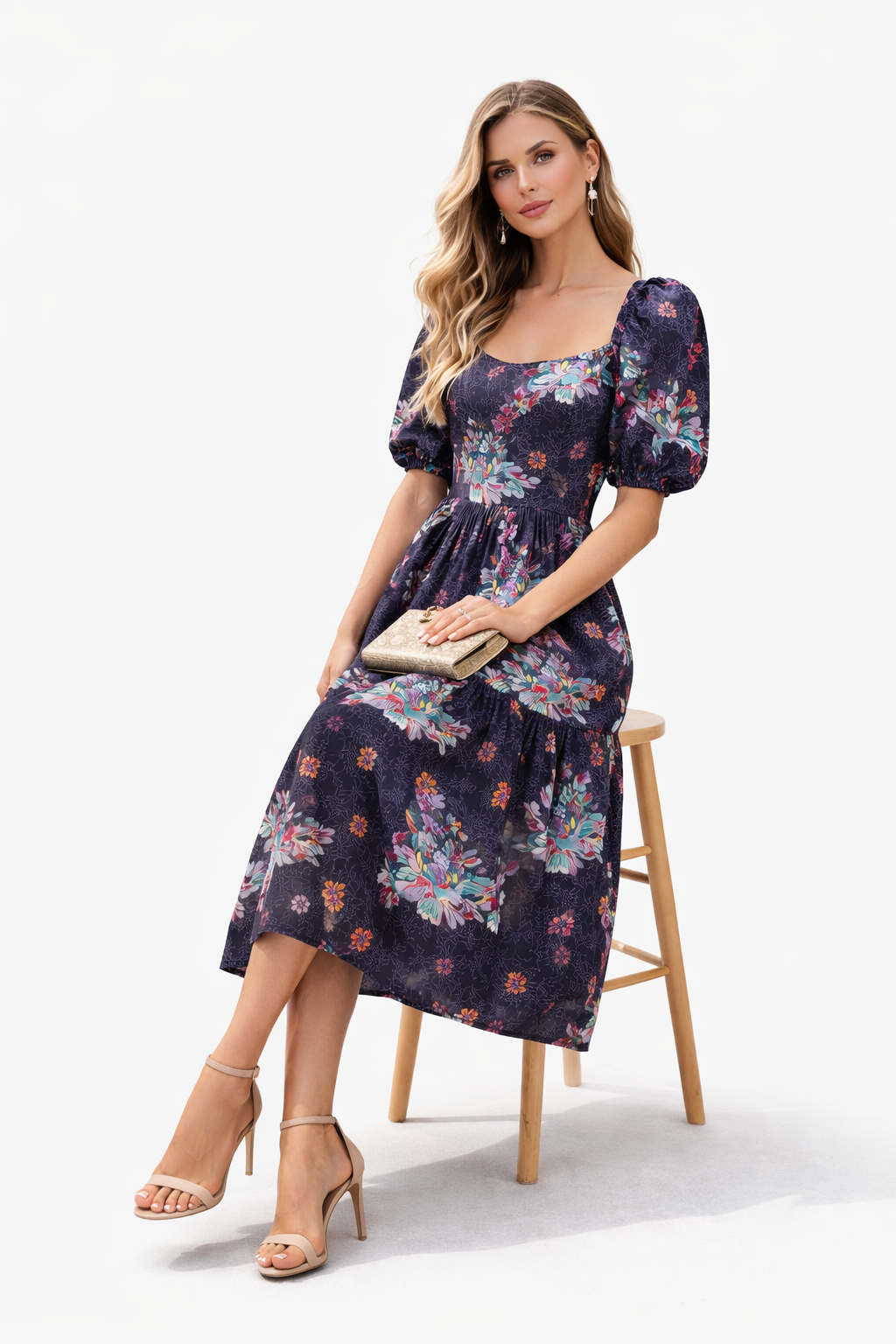 Midnight Bloom Puff Sleeve Midi Dress