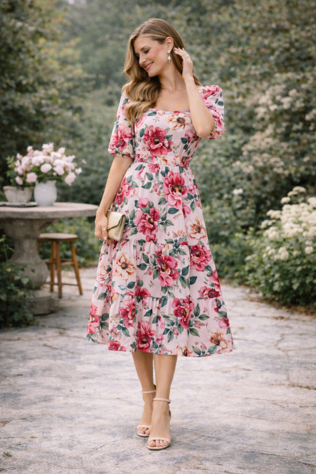 Rosé Garden Floral Midi Dress