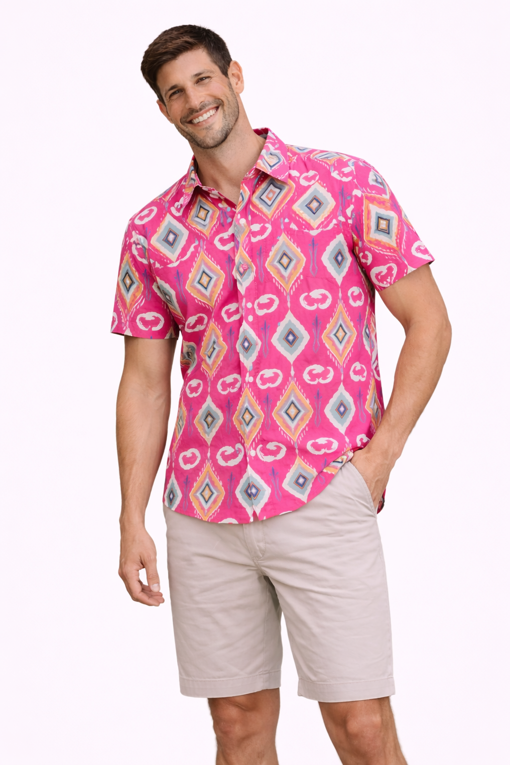 Pink Ikat Splash Printed Shirt For Men's