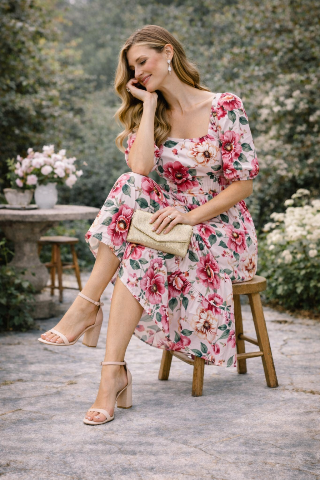 Rosé Garden Floral Midi Dress