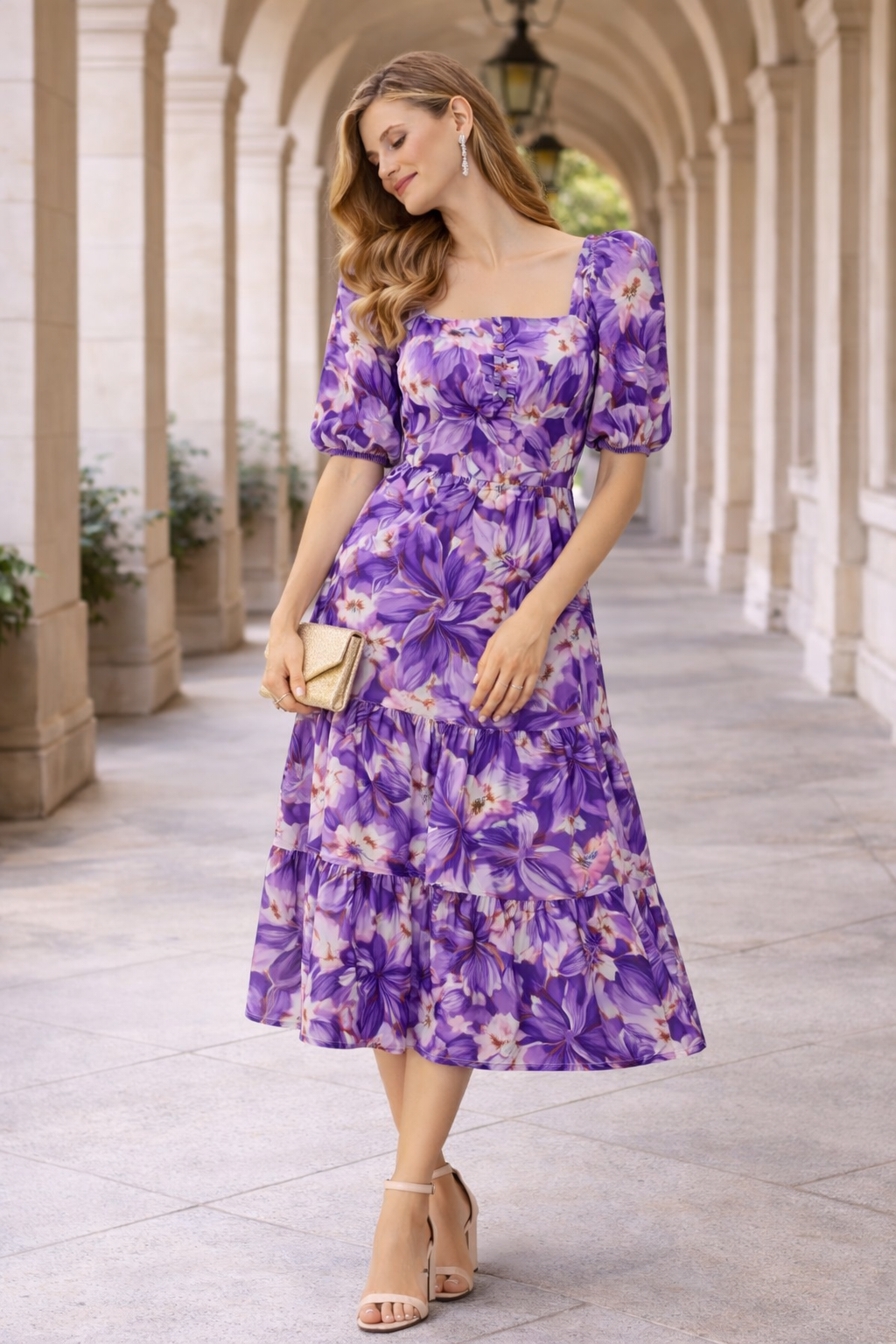 Violet Bloom Tiered Midi Dress