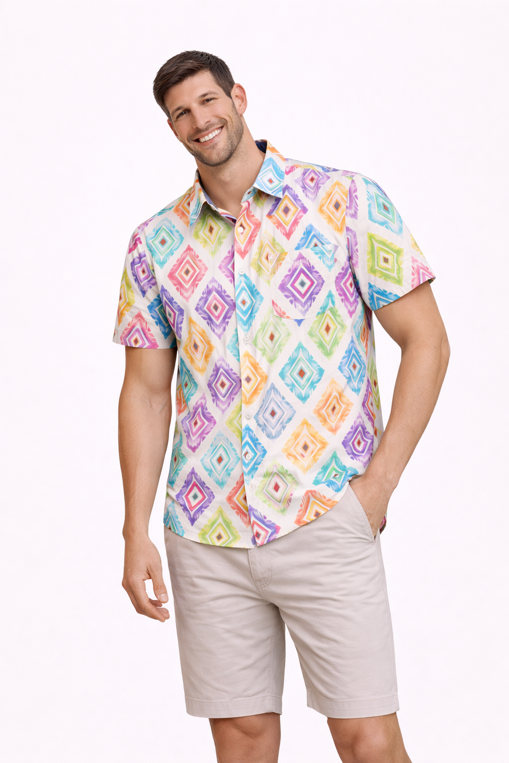 Rainbow Ikat Diamond Printed Shirt For Men's