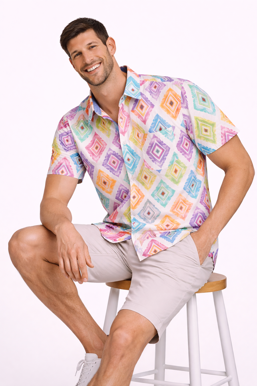 Rainbow Ikat Diamond Printed Shirt For Men's