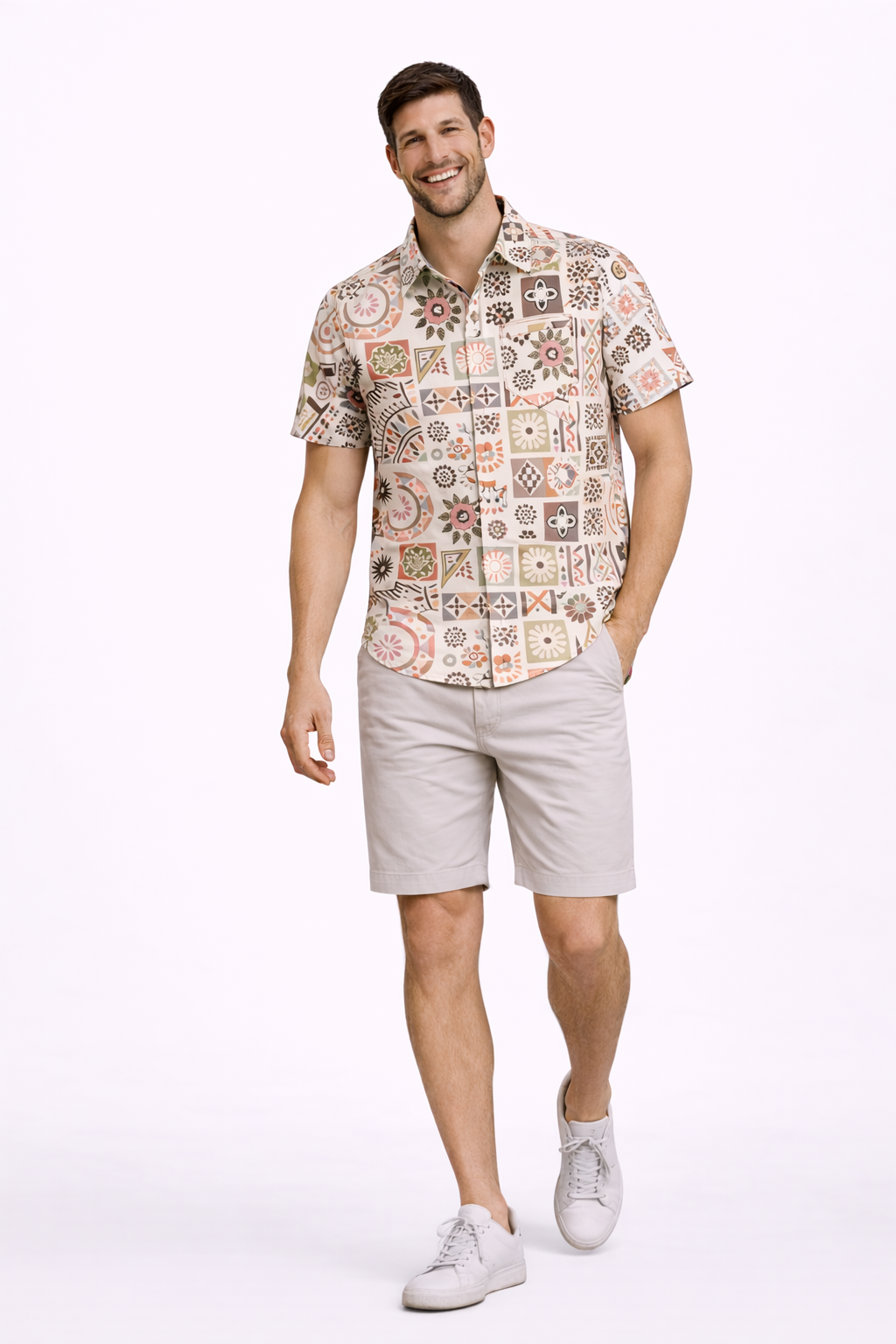 Vintage Tile Mosaic Printed Shirt For Men's