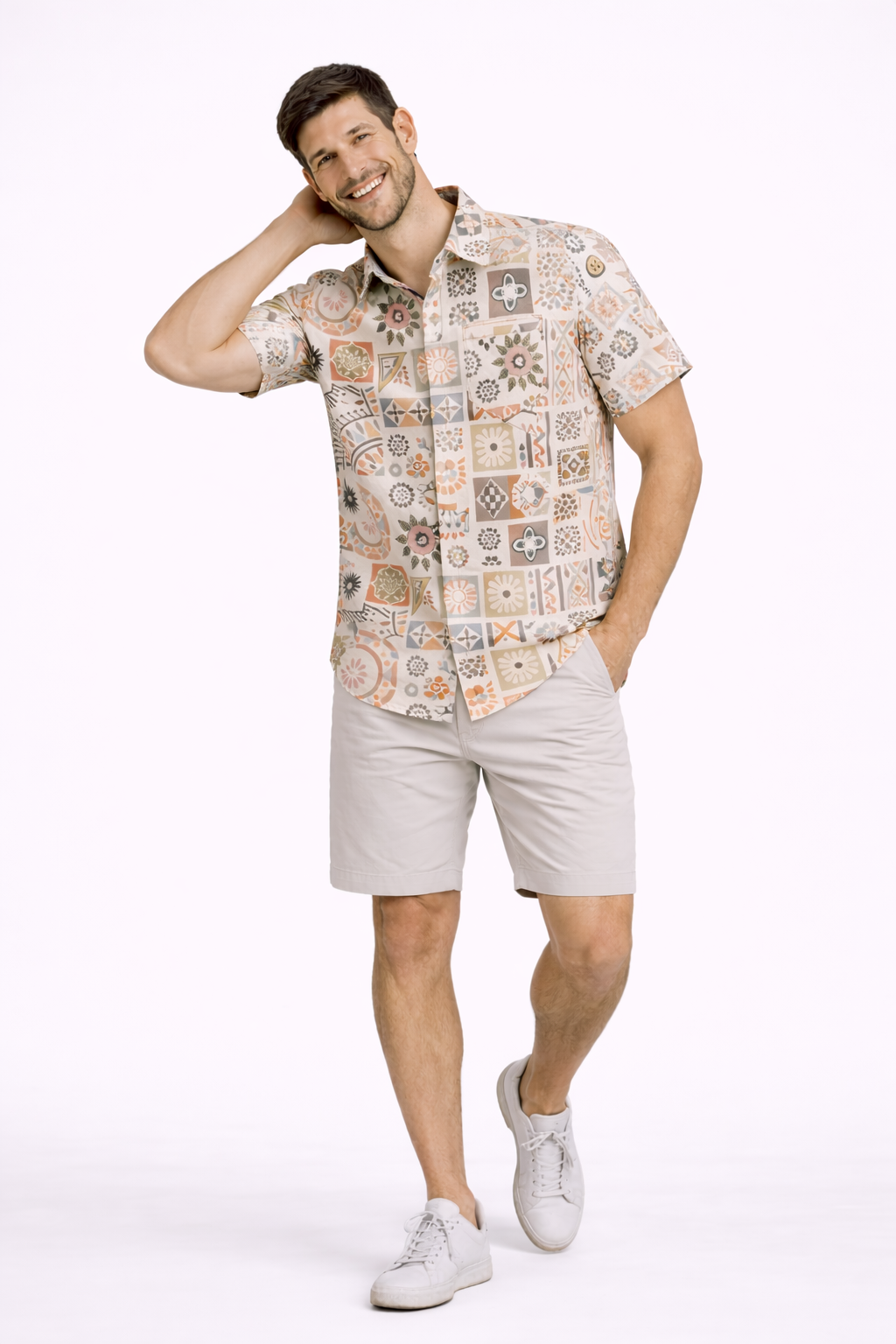 Vintage Tile Mosaic Printed Shirt For Men's