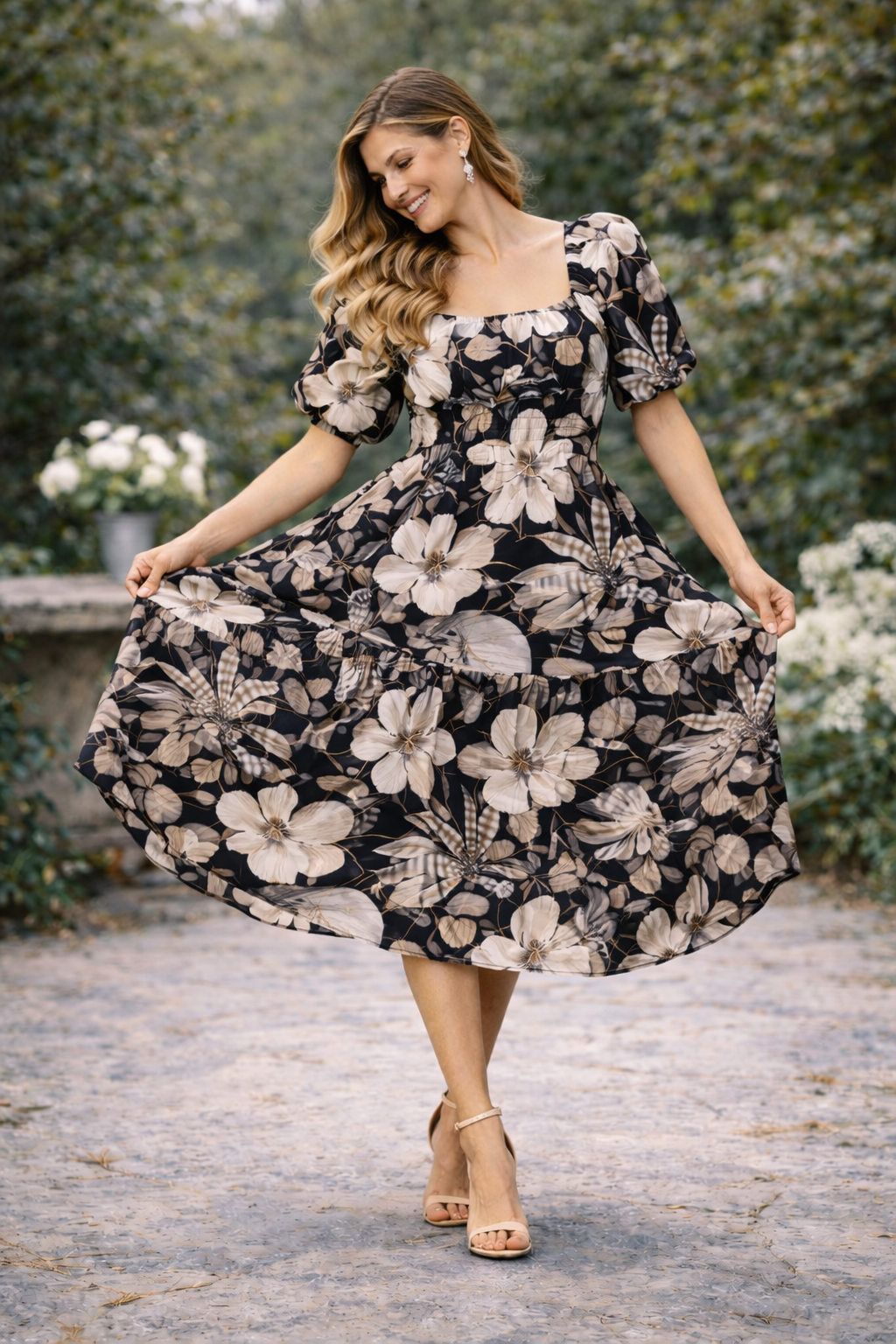 Midnight Ivory Blossom Midi Dress