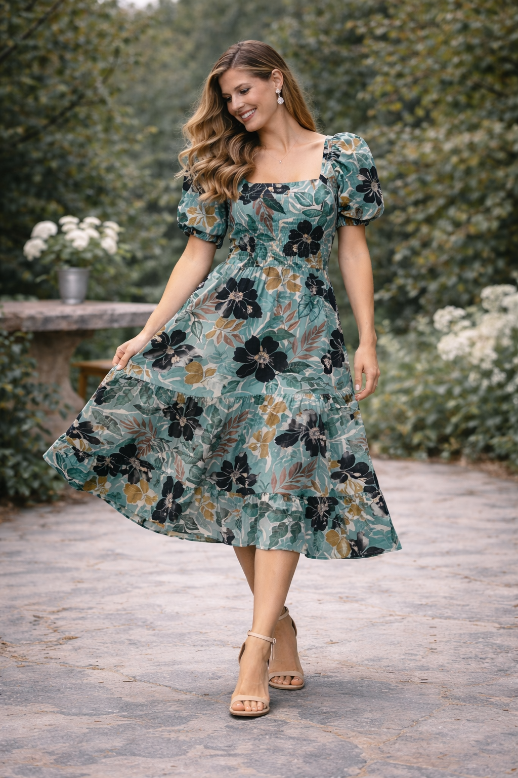 Emerald Noir Floral Tiered Midi Dress