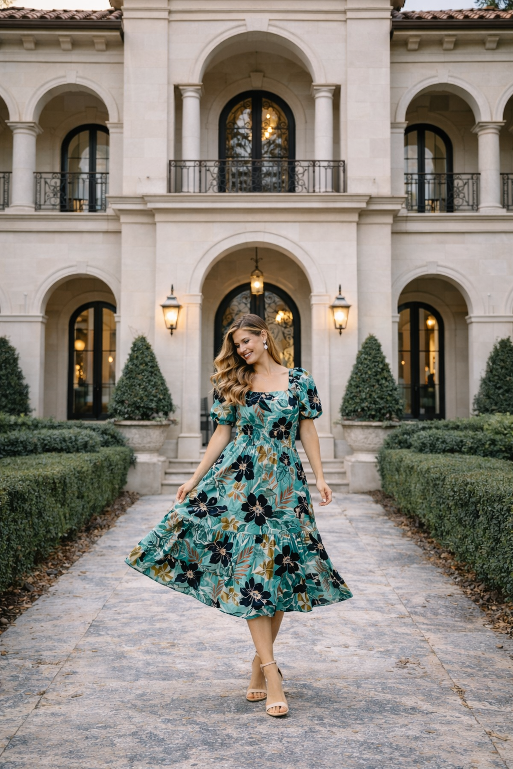 Emerald Noir Floral Tiered Midi Dress