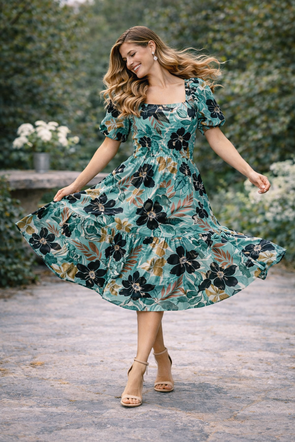 Emerald Noir Floral Tiered Midi Dress