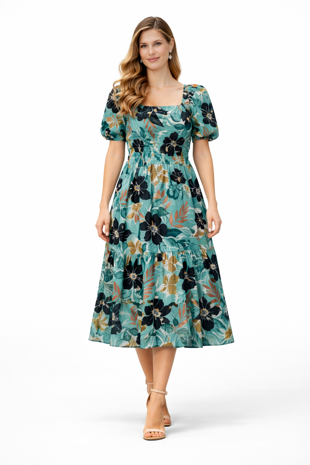 Emerald Noir Floral Tiered Midi Dress