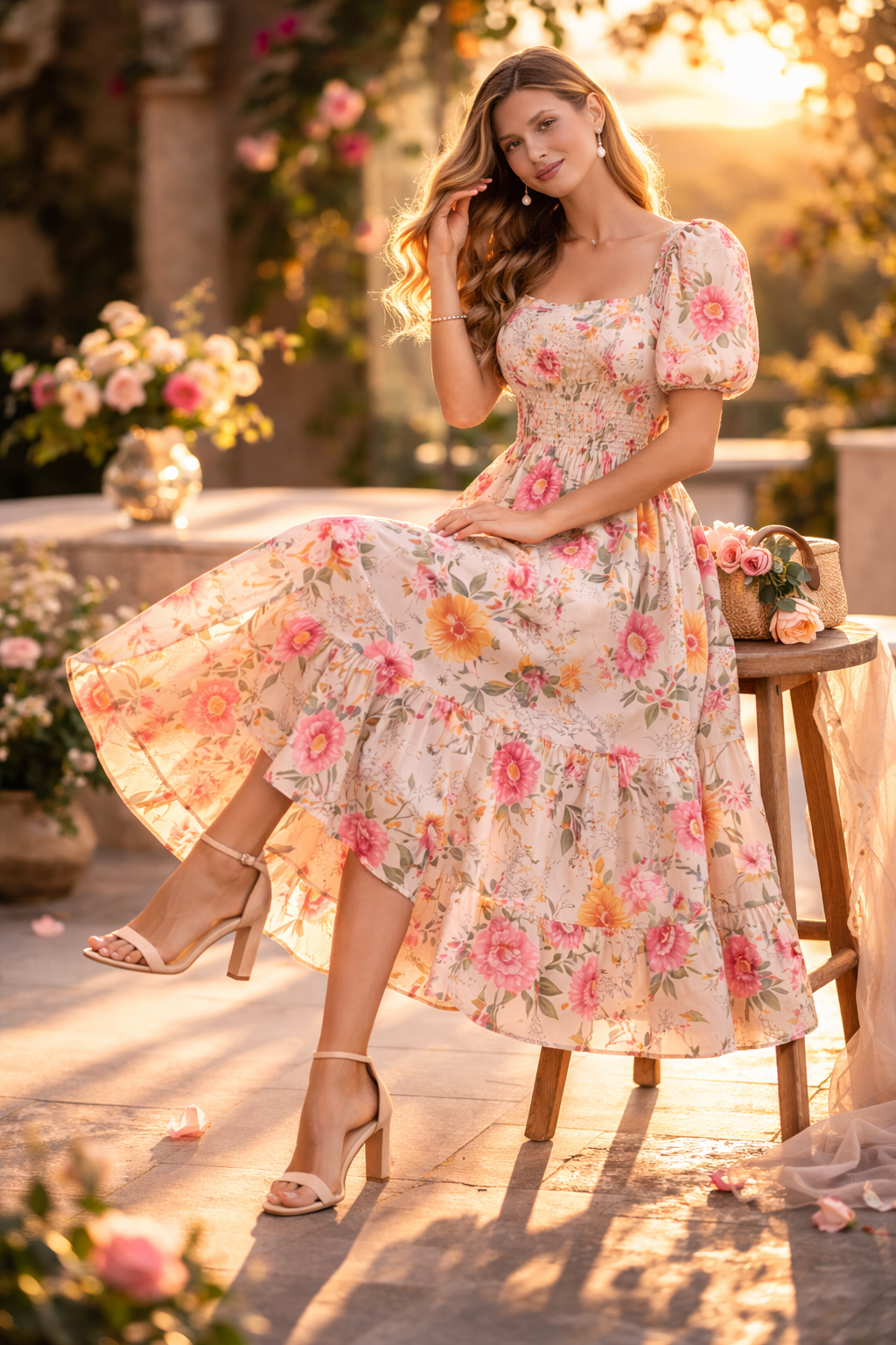 Blush Meadow Smocked Midi Dress
