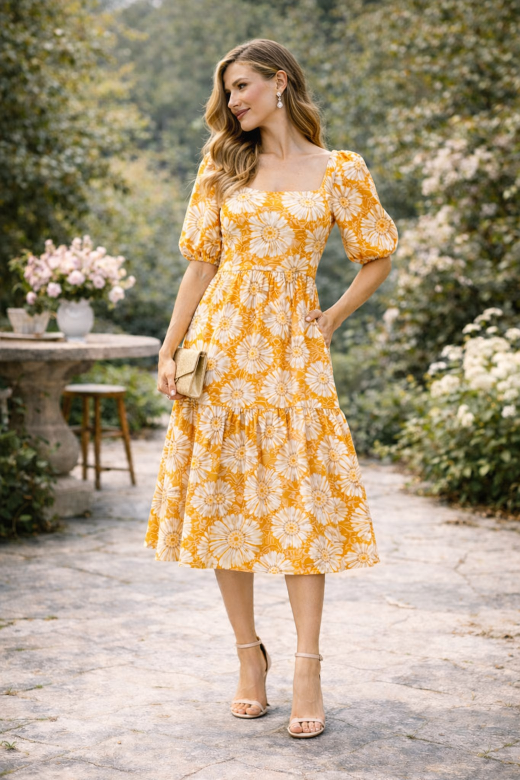 Sunshine Daisy Puff Sleeve Midi Dress