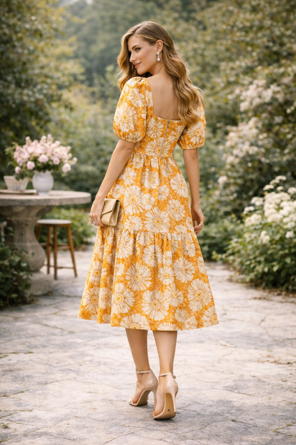 Sunshine Daisy Puff Sleeve Midi Dress
