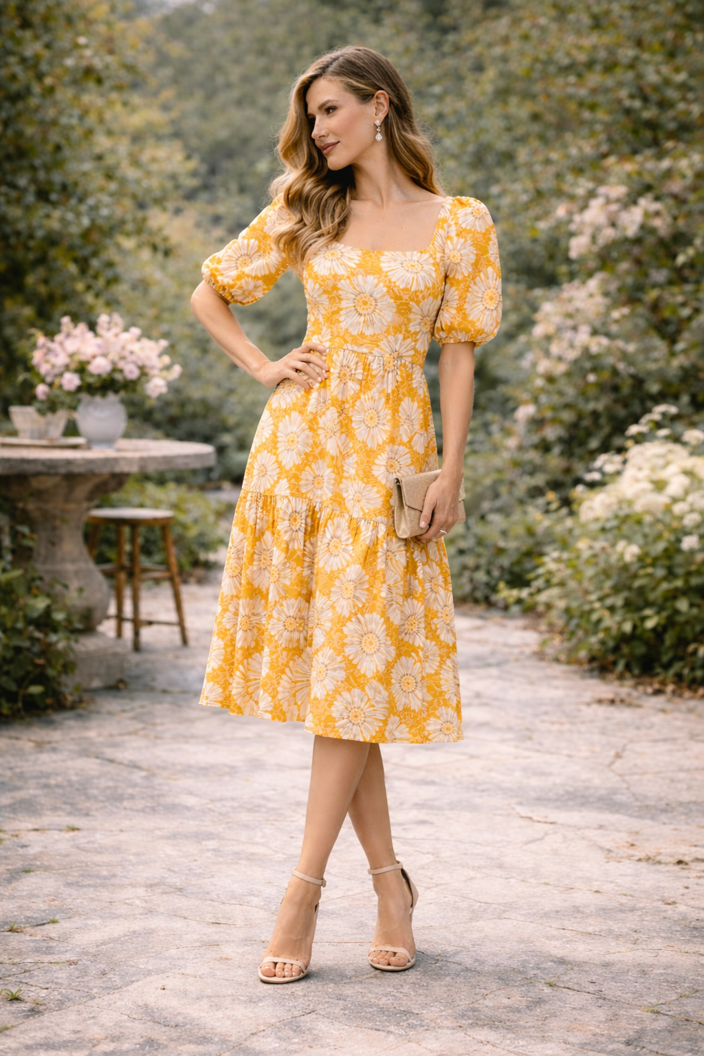 Sunshine Daisy Puff Sleeve Midi Dress