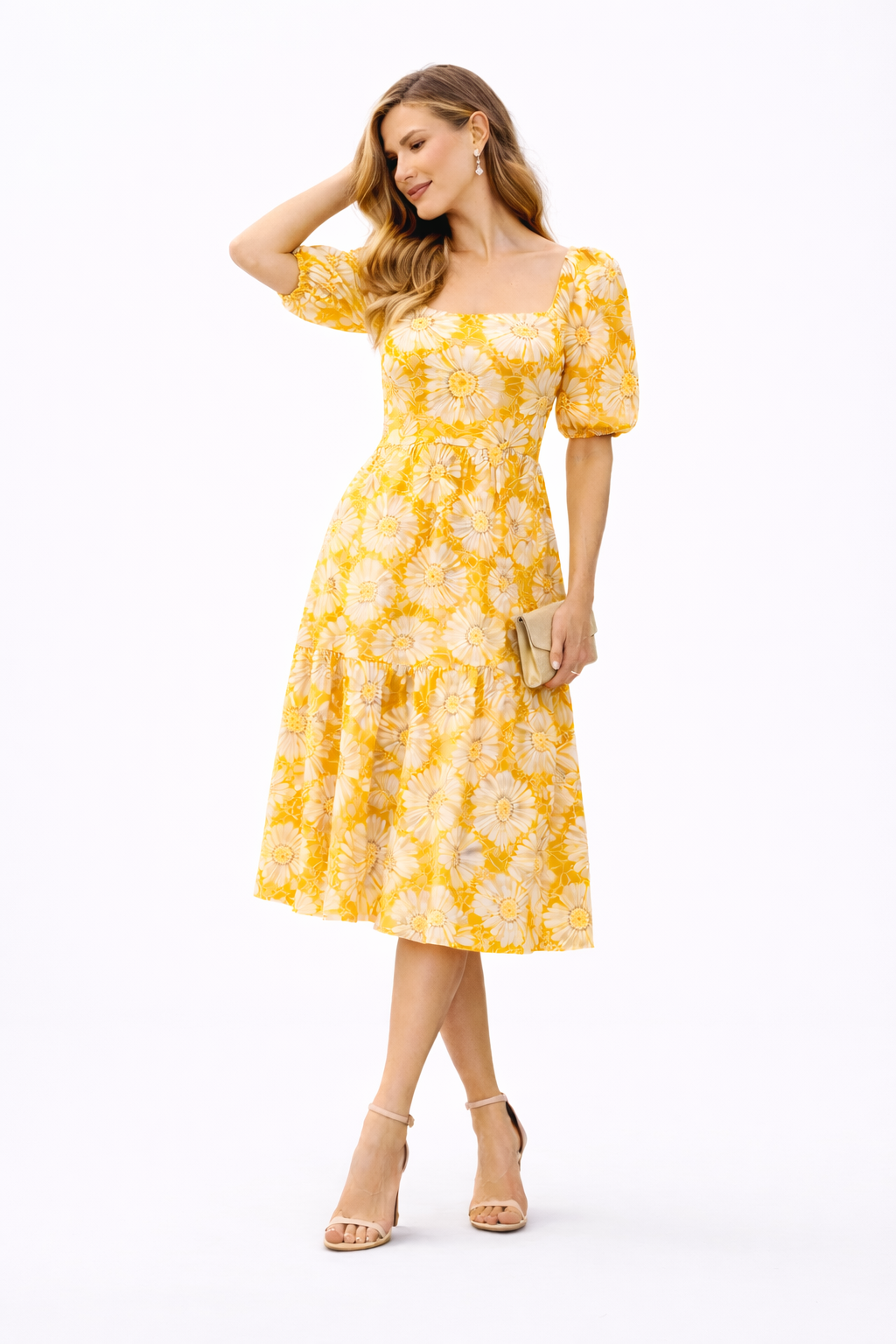 Sunshine Daisy Puff Sleeve Midi Dress