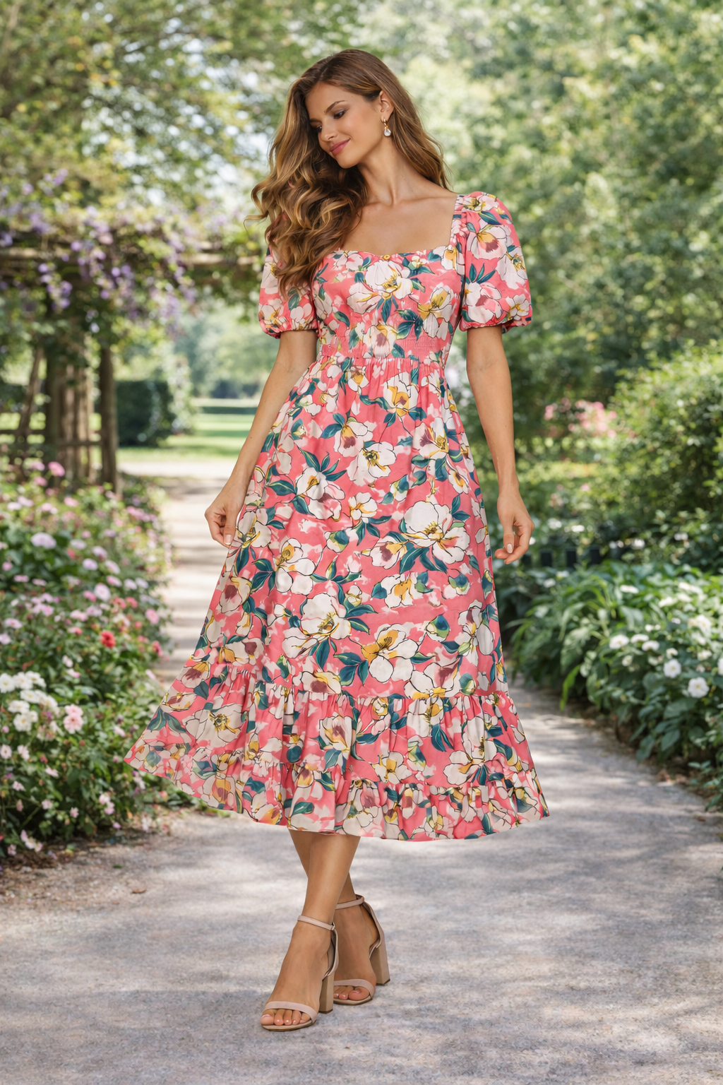 Coral Blossom Smocked Midi Dress