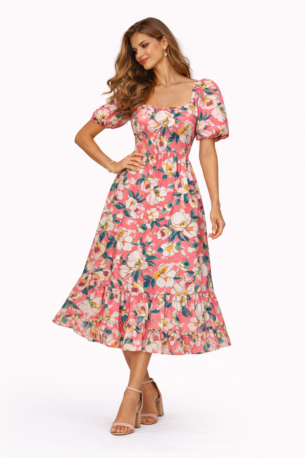 Coral Blossom Smocked Midi Dress