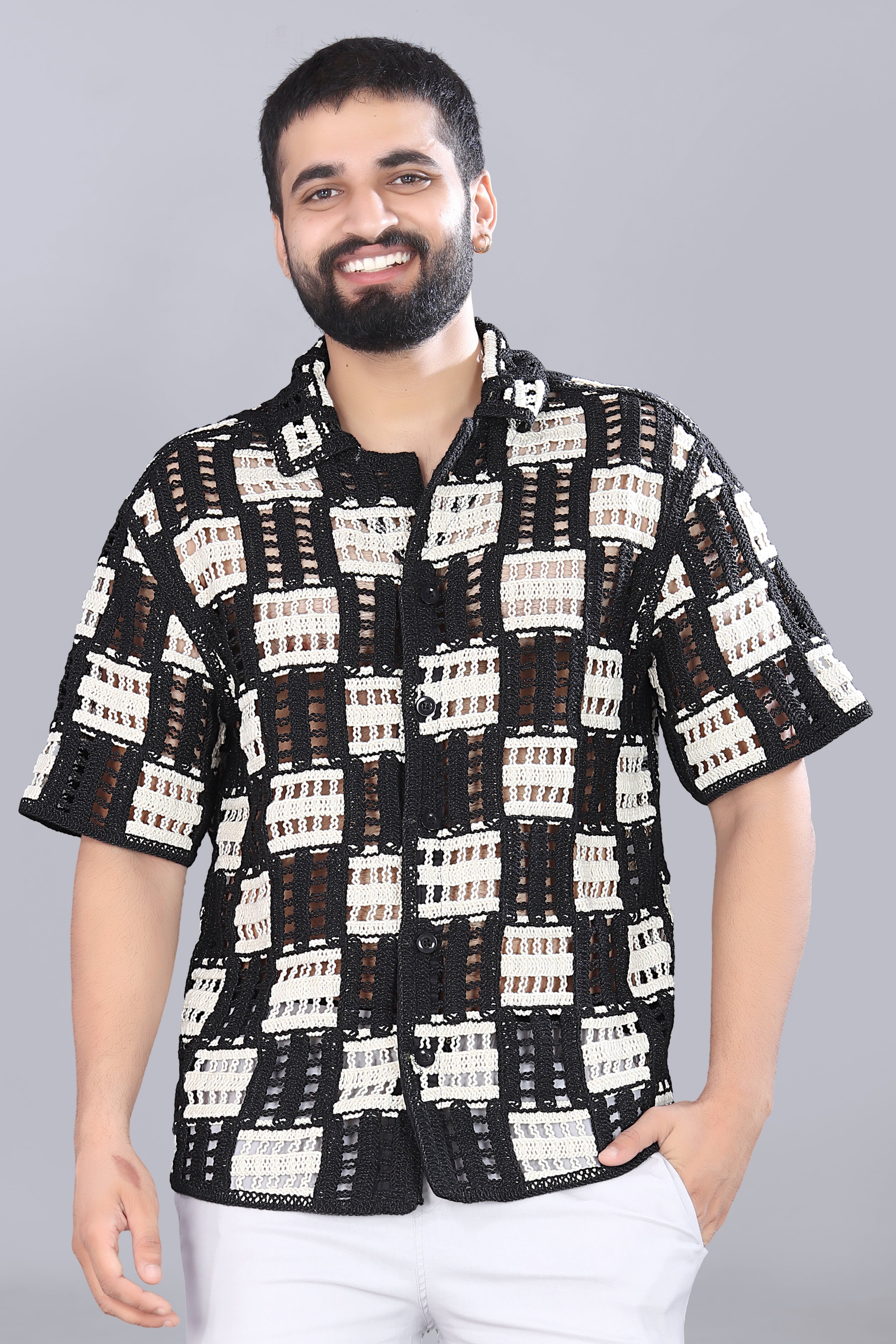 White & Black Box Crotchet Shirt