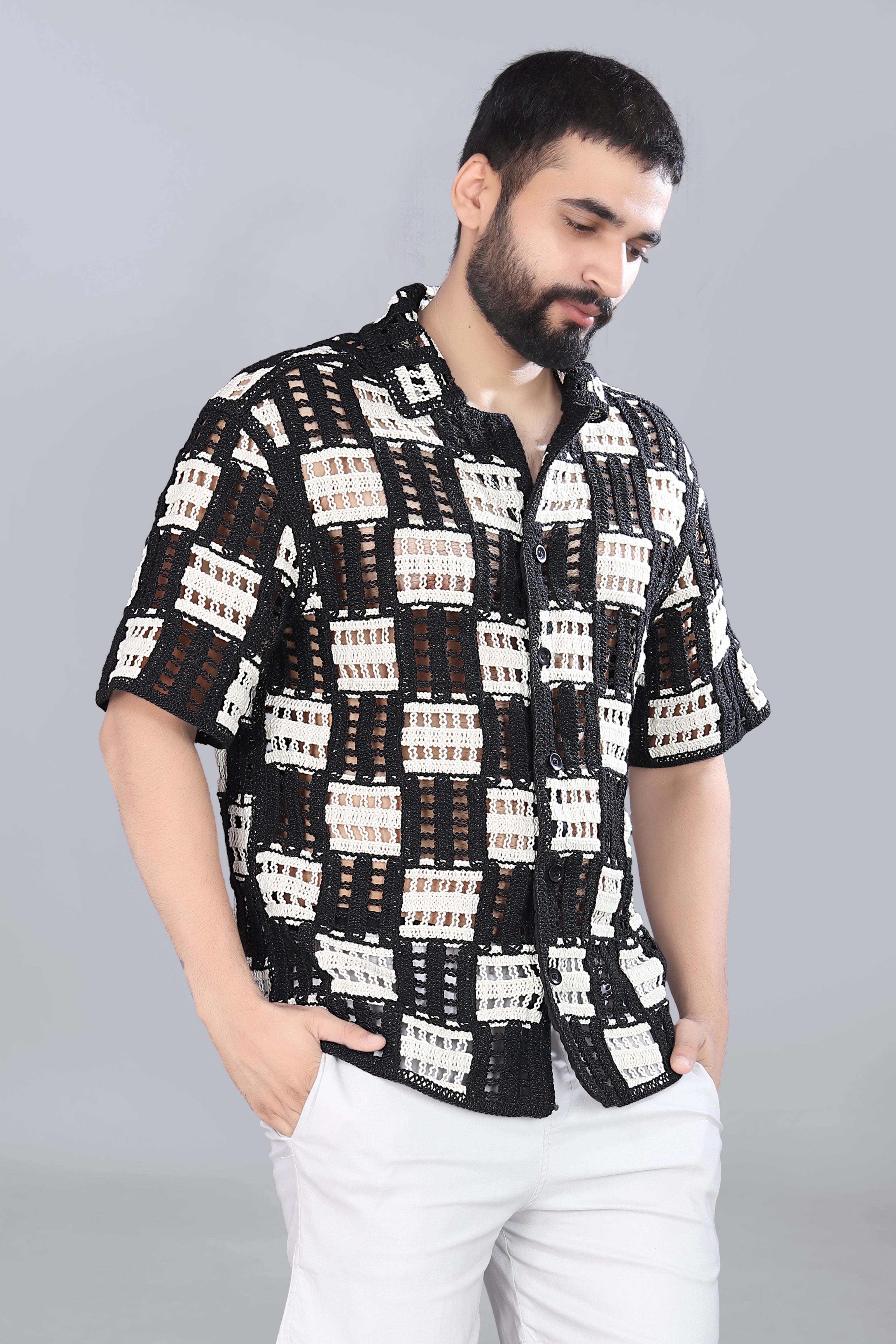 White & Black Box Crotchet Shirt