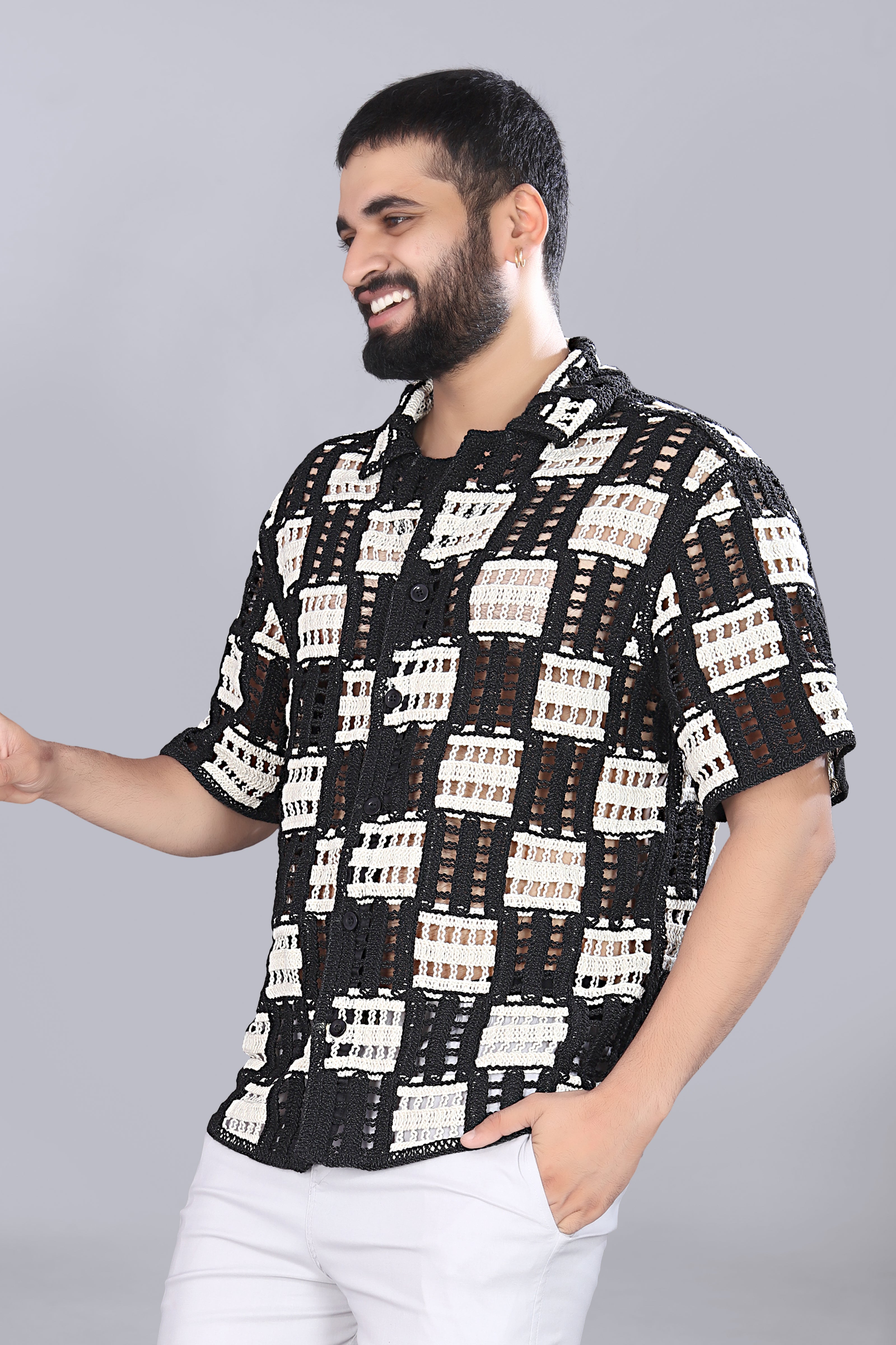 White & Black Box Crotchet Shirt