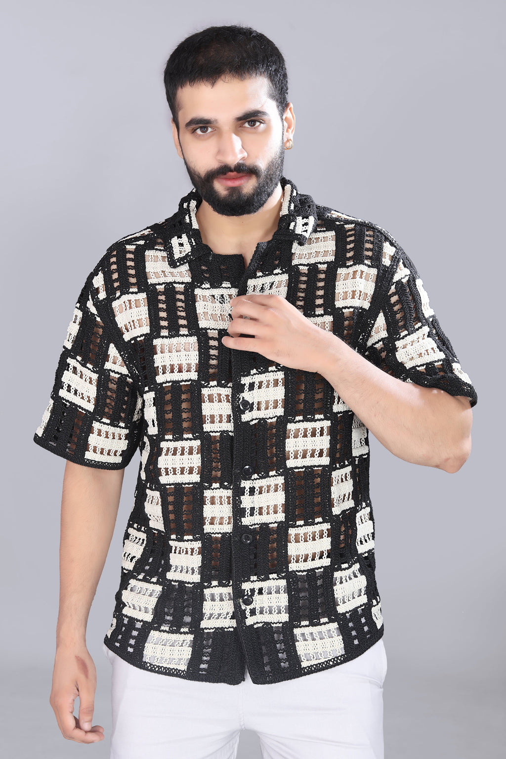 White & Black Box Crotchet Shirt