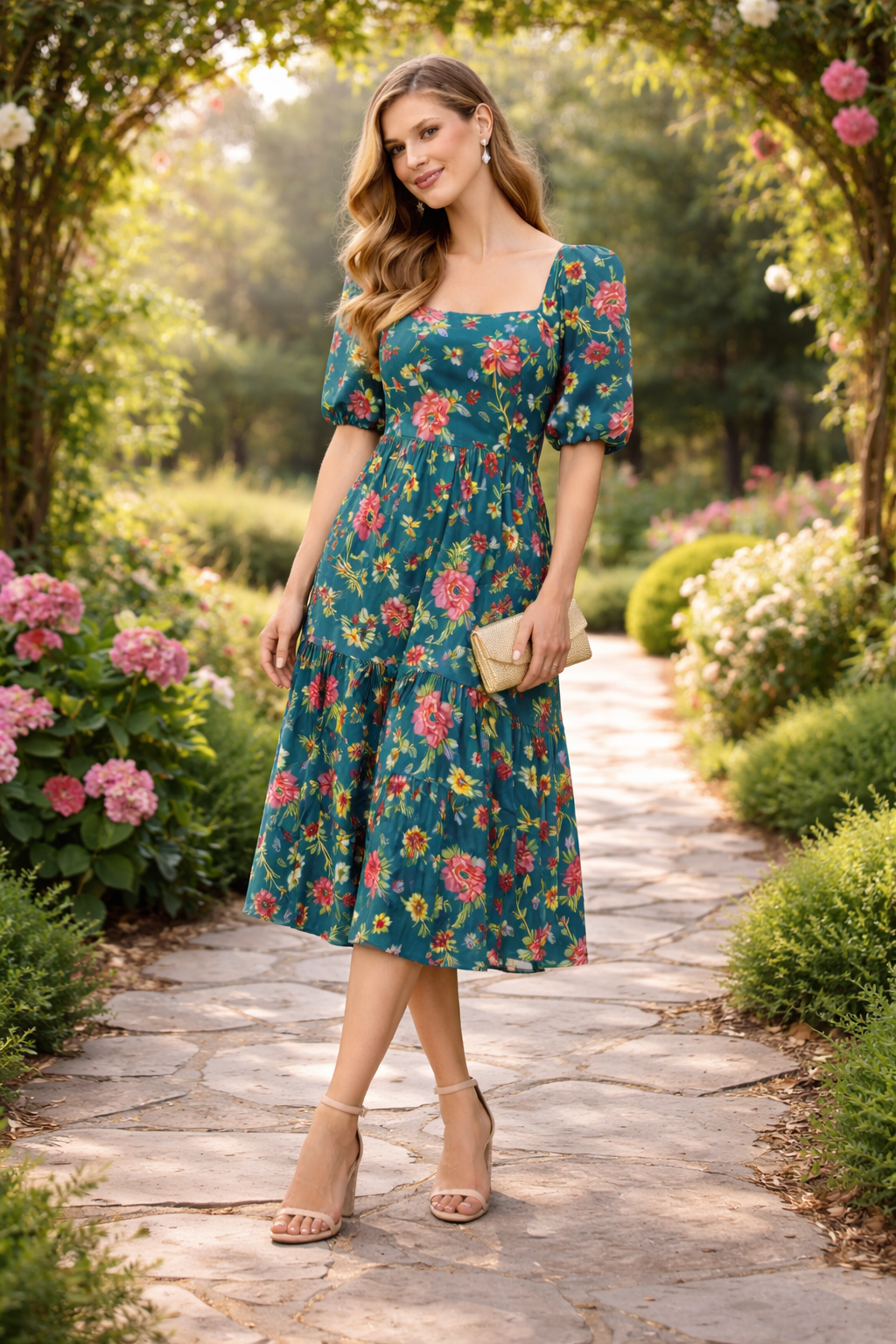 Emerald Garden Puff Sleeve Midi Dress