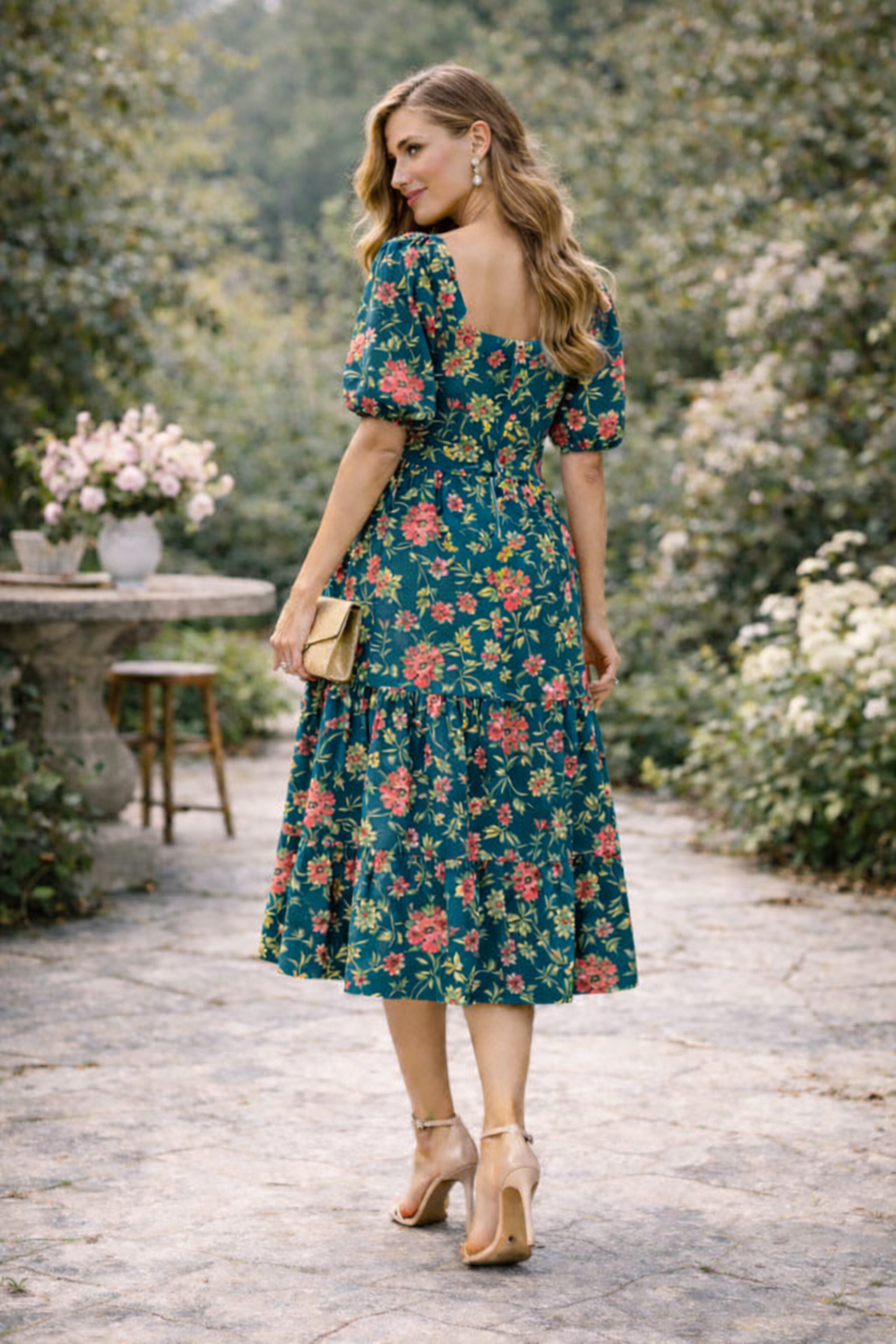 Emerald Garden Puff Sleeve Midi Dress