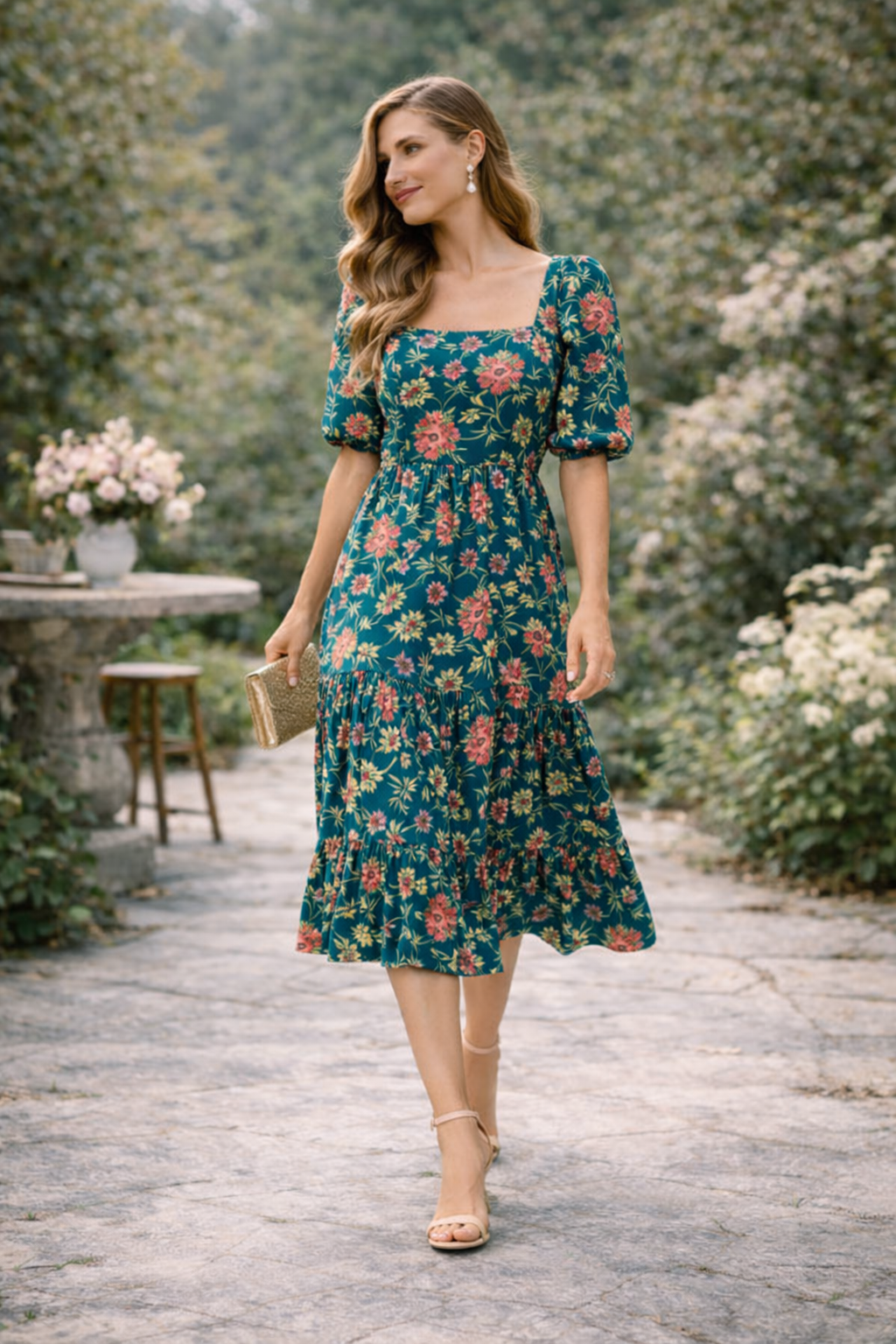 Emerald Garden Puff Sleeve Midi Dress