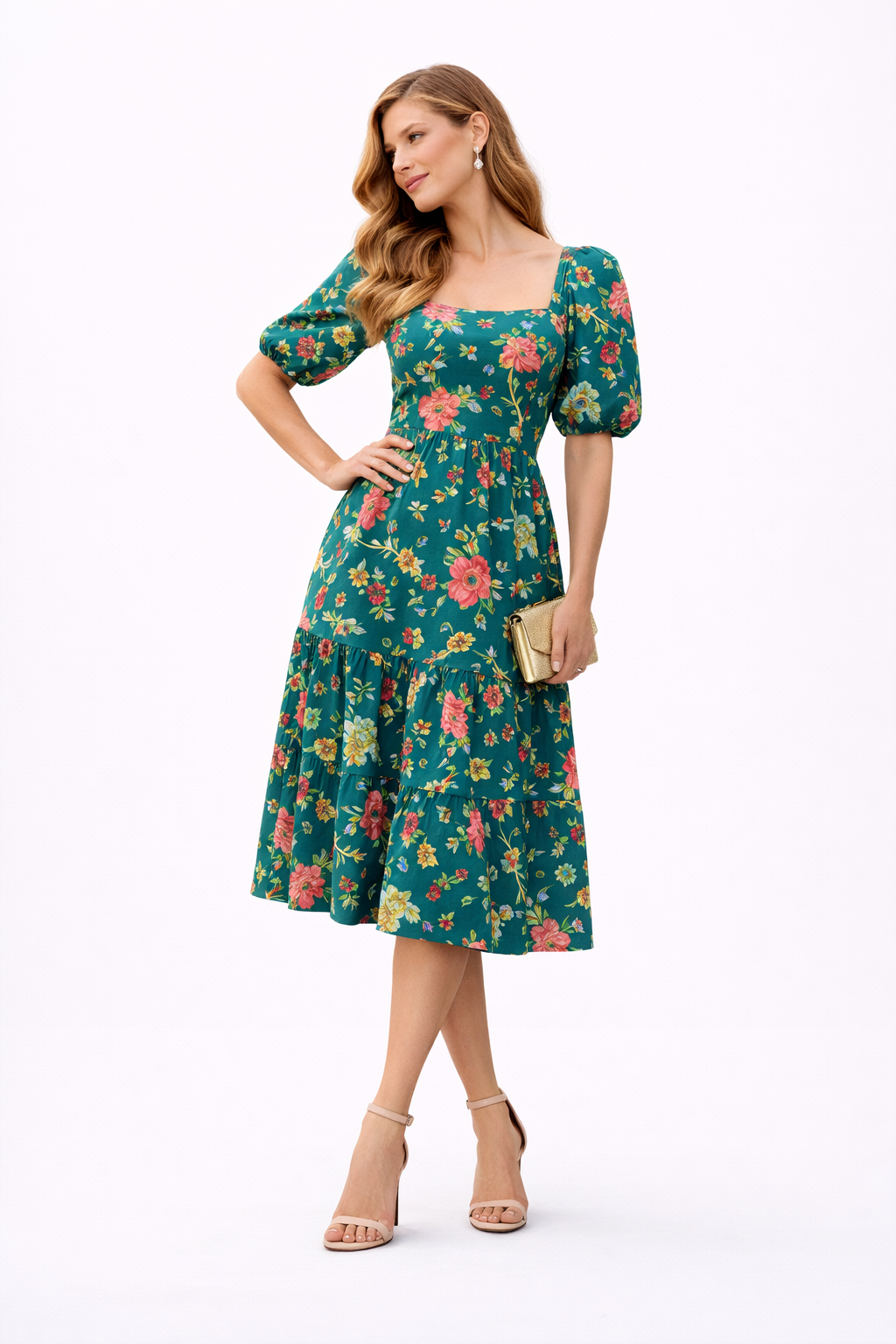 Emerald Garden Puff Sleeve Midi Dress