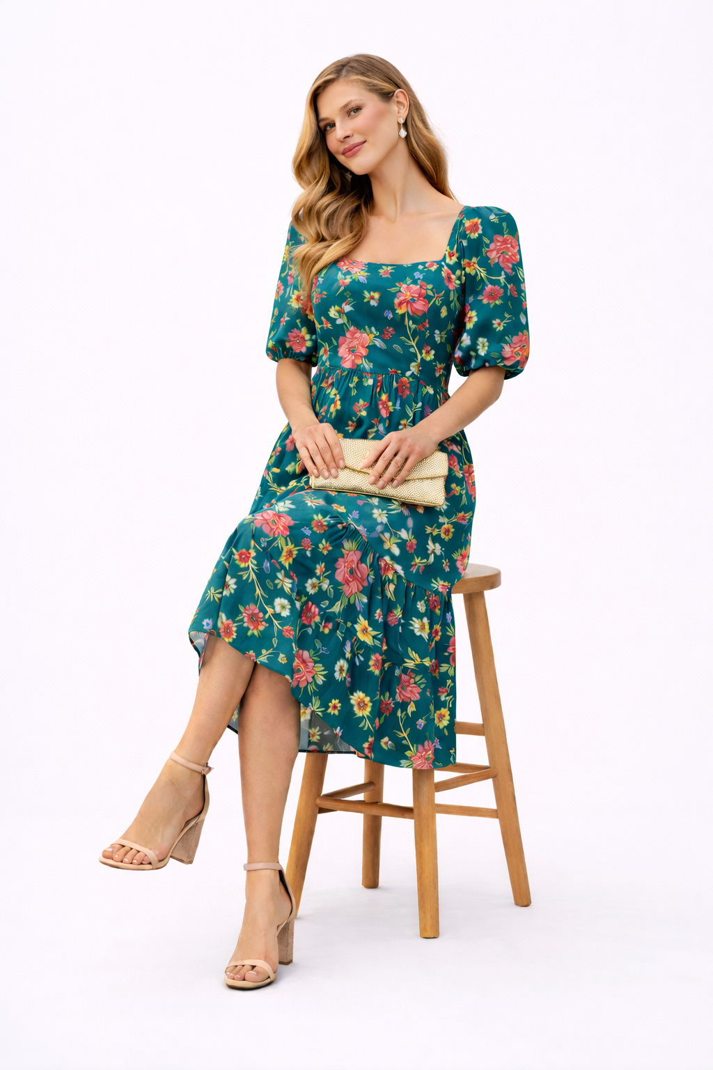 Emerald Garden Puff Sleeve Midi Dress