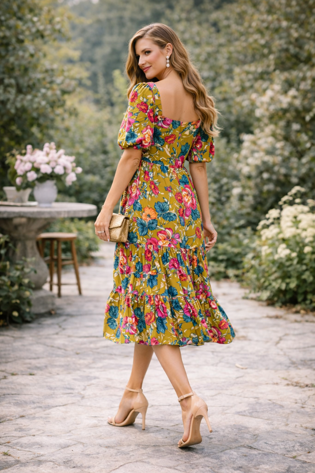 Golden Blossom Tiered Midi Dress