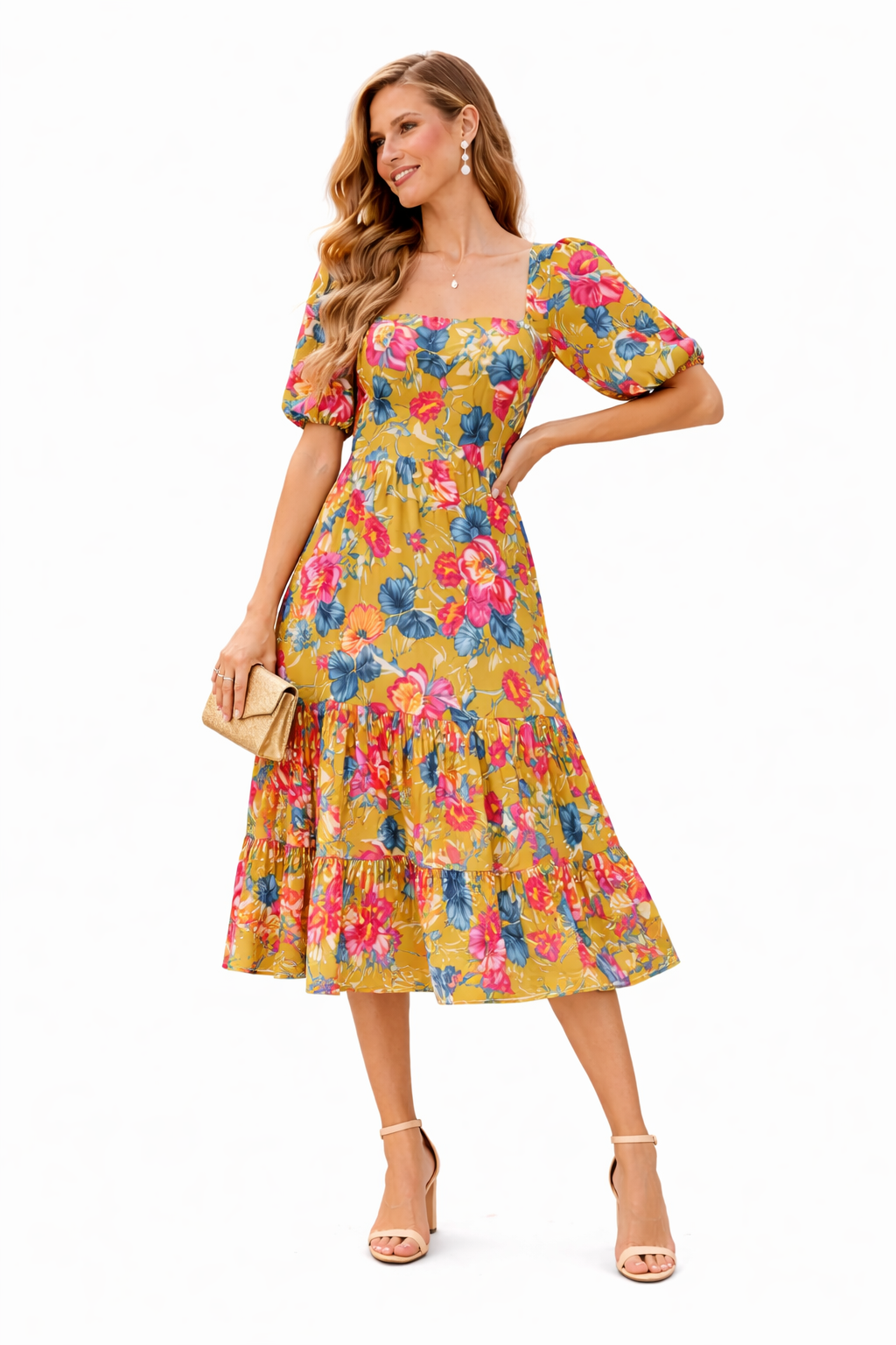 Golden Blossom Tiered Midi Dress