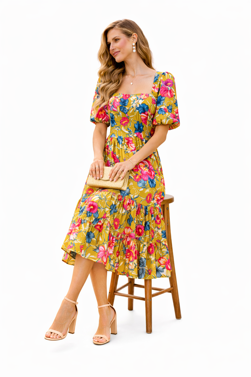 Golden Blossom Tiered Midi Dress