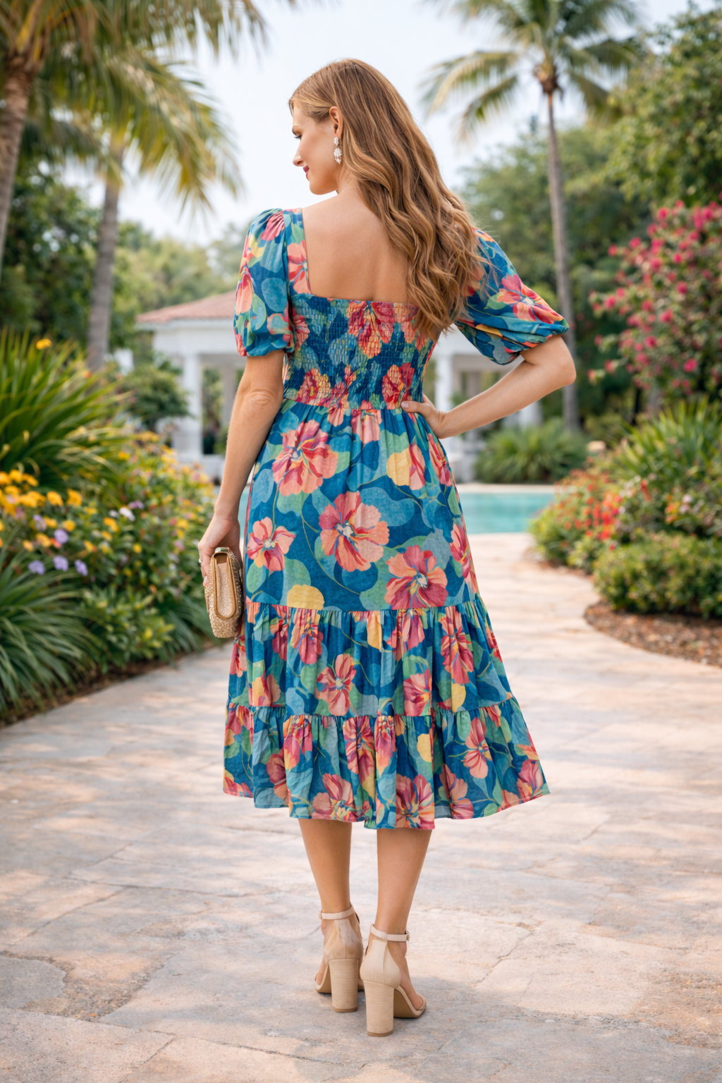 Tropical Teal Blossom Midi Dress