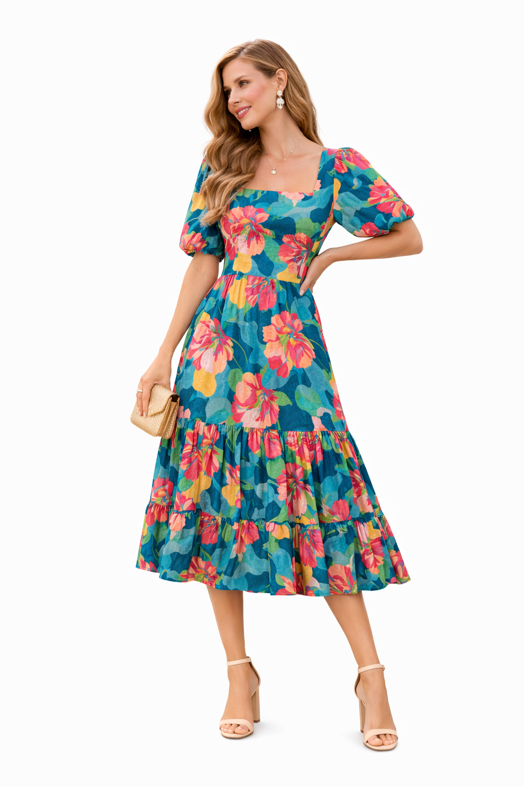 Tropical Teal Blossom Midi Dress