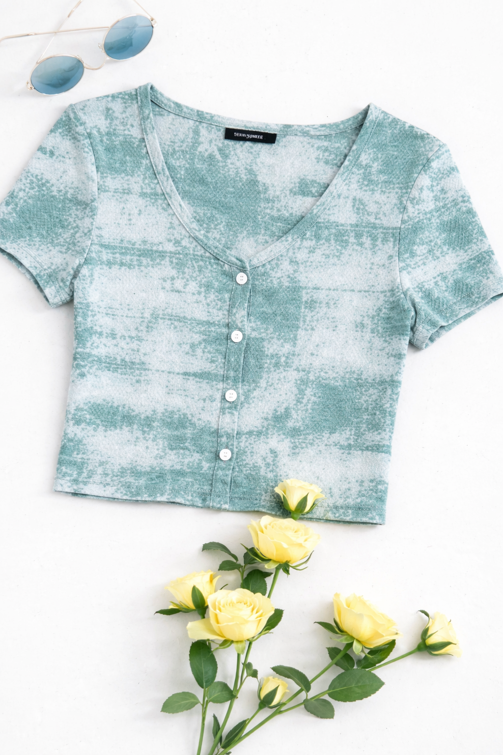 Mint Green Texture Button Crop Top