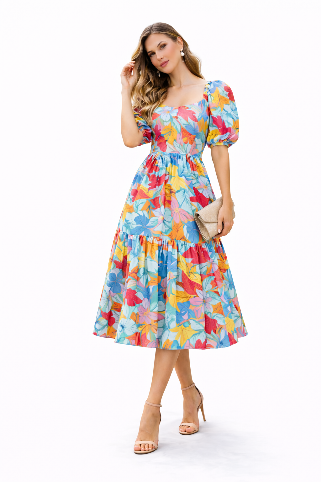 Sky Bloom Floral Puff Sleeve Midi Dress