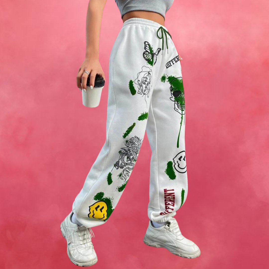 Women’s Trendy Graphic Printed Jogger Pants | High Waist Street Style Trousers | Casual & Lounge Wear Bottoms