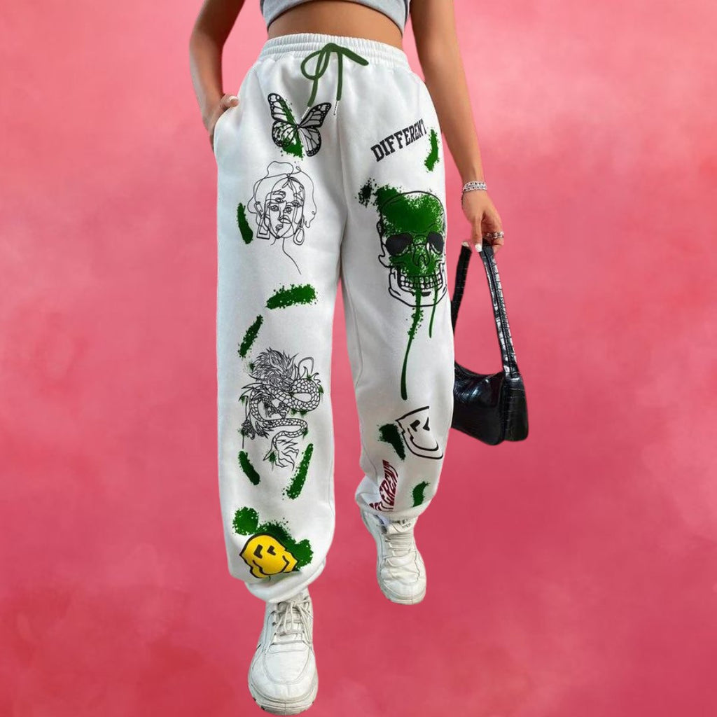 Women’s Trendy Graphic Printed Jogger Pants | High Waist Street Style Trousers | Casual & Lounge Wear Bottoms