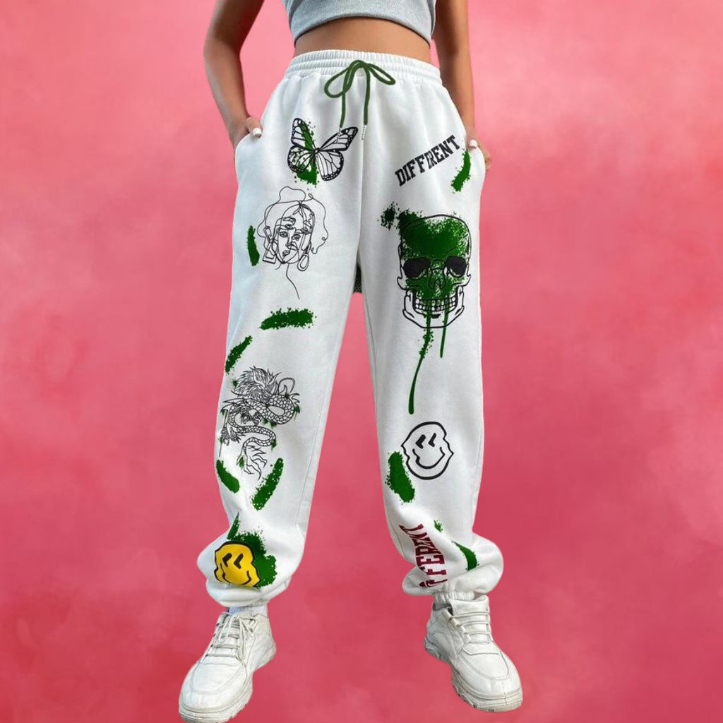 Women’s Trendy Graphic Printed Jogger Pants | High Waist Street Style Trousers | Casual & Lounge Wear Bottoms