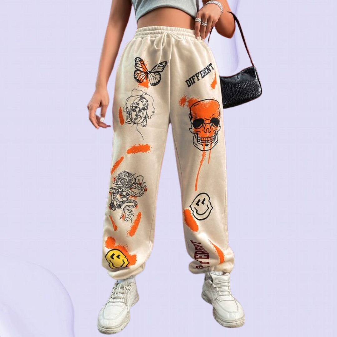 Women’s Trendy Graffiti Printed Jogger Pants | High Waist Casual Streetwear Trousers | Stylish Lounge & Travel Wear