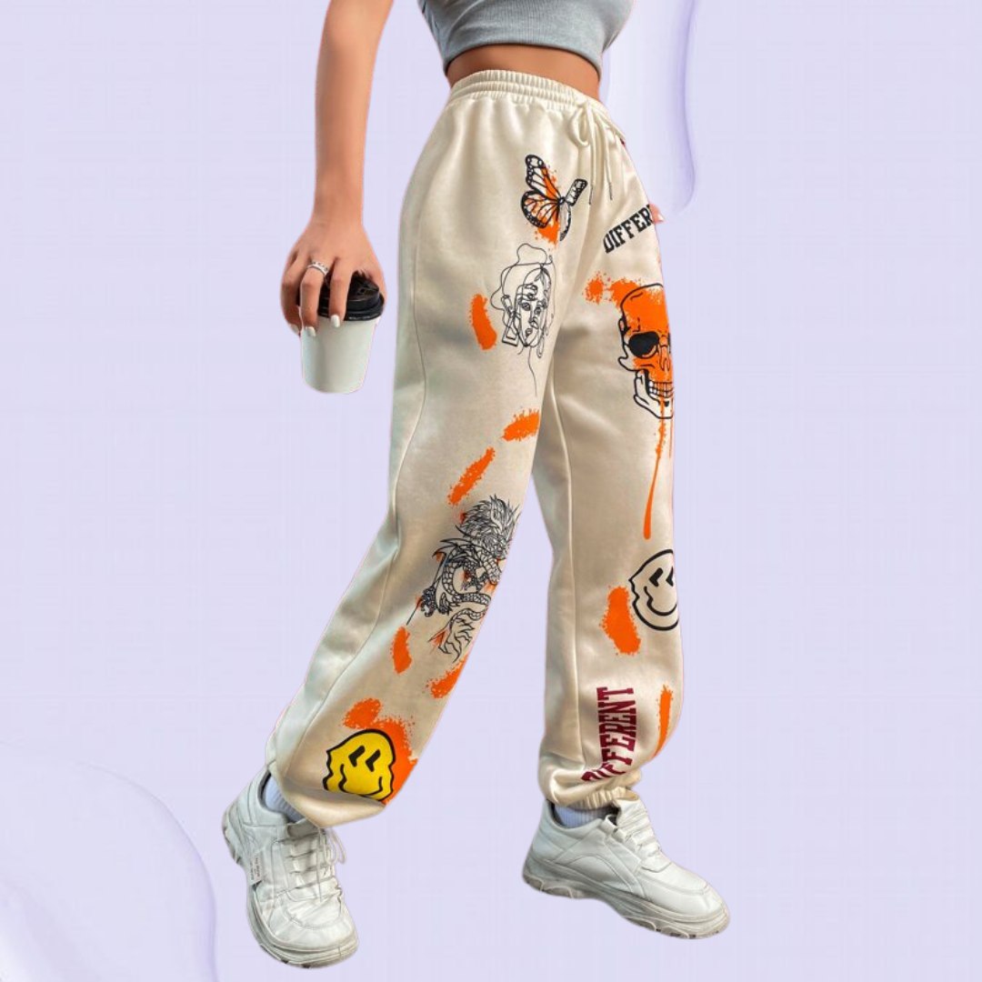 Women’s Trendy Graffiti Printed Jogger Pants | High Waist Casual Streetwear Trousers | Stylish Lounge & Travel Wear