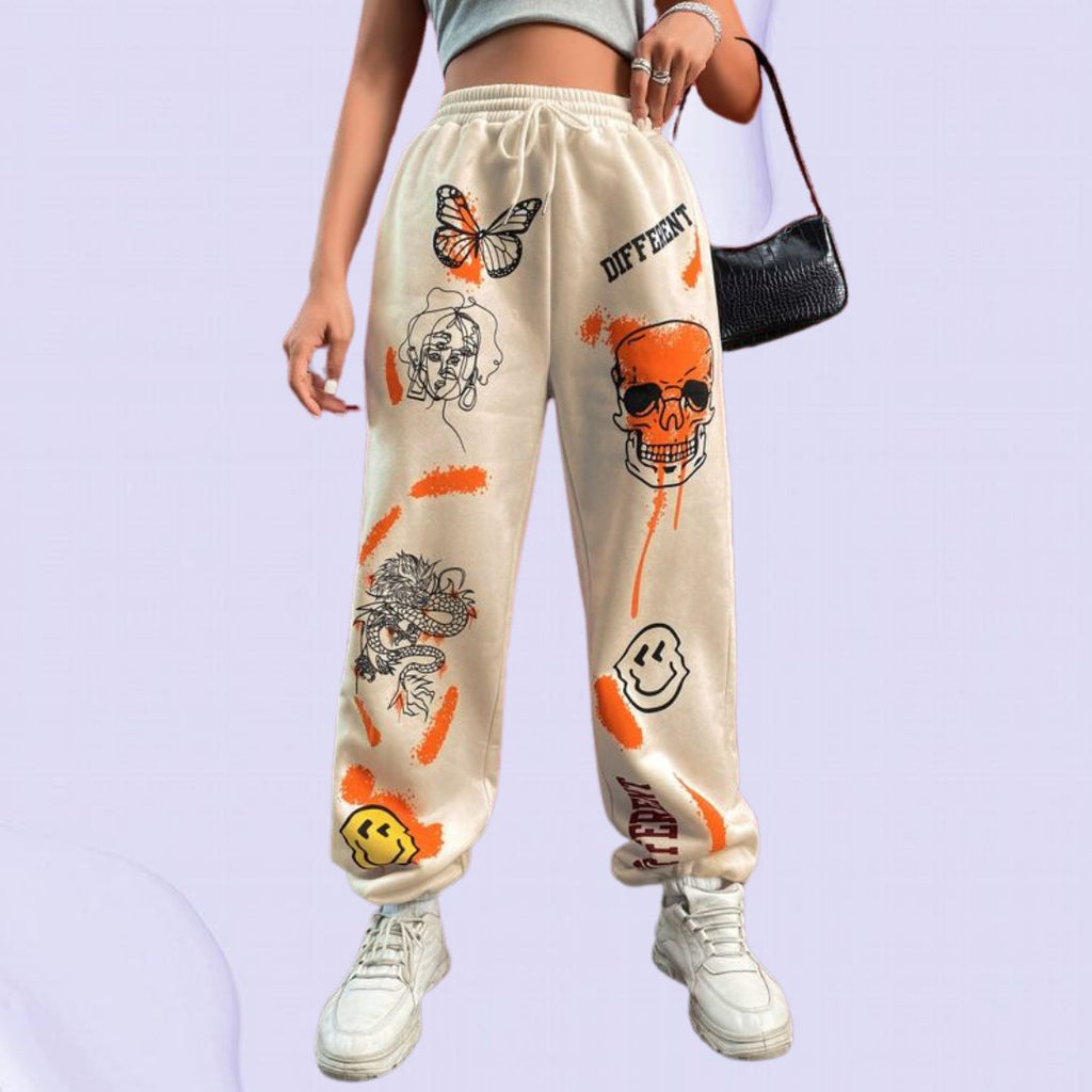 Women’s Trendy Graffiti Printed Jogger Pants | High Waist Casual Streetwear Trousers | Stylish Lounge & Travel Wear